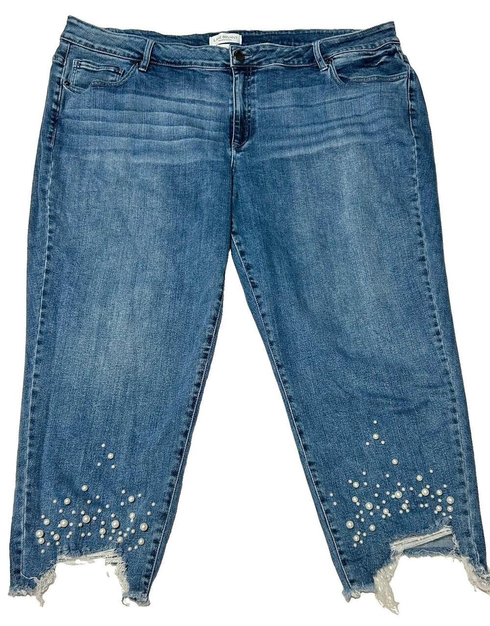 Lane Bryant Jeans 26 Signature Fit Boyfriend Capri Pearl Frayed Distressed Blue